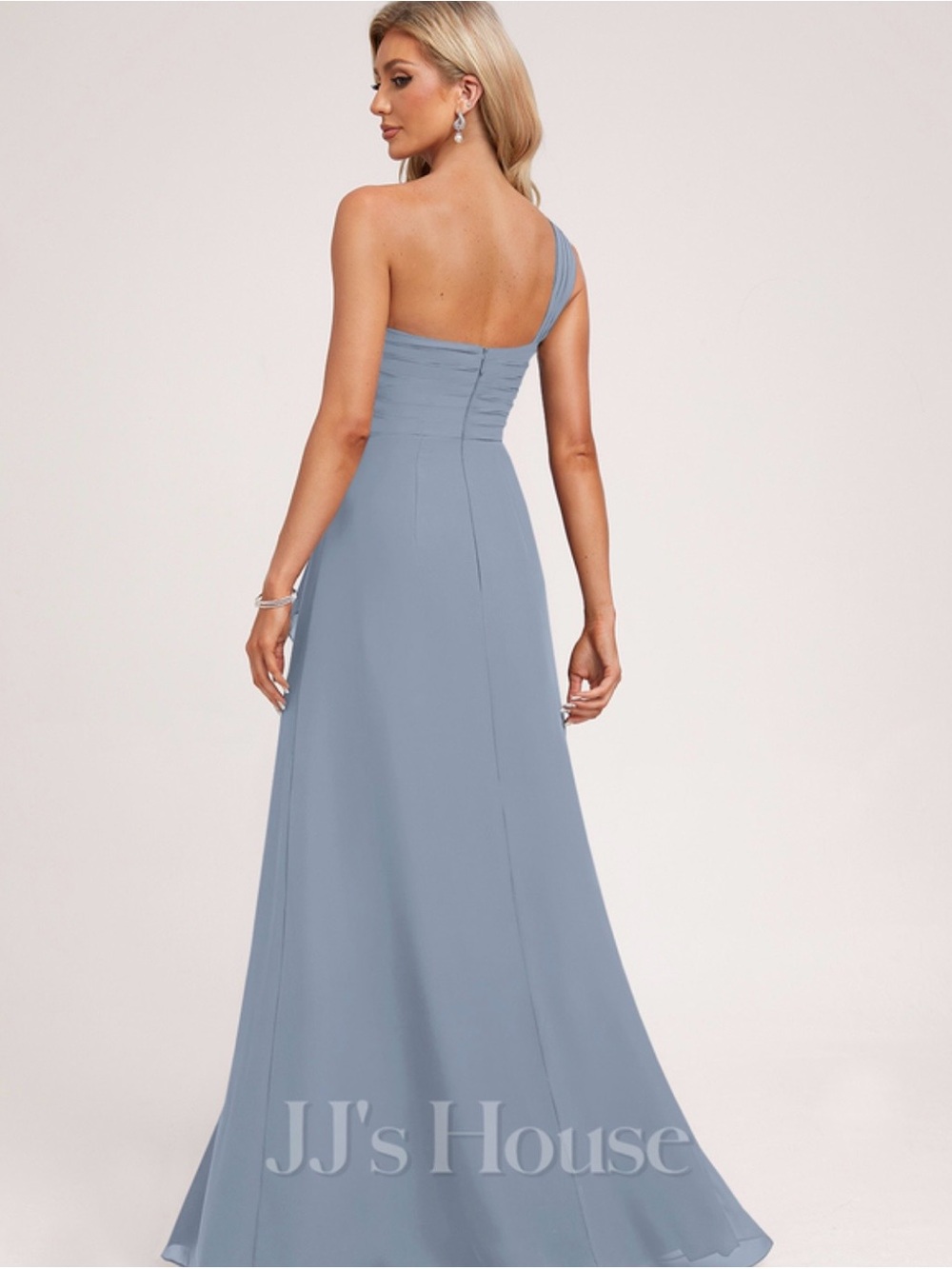 NWT JJ's House Faryn
Dusty Blue A-line One Shoulder Ruffle Chiffon - Picture 2 of 11